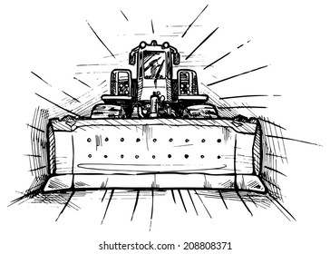 vector black and white illustration of bulldozer stylized as engraving.