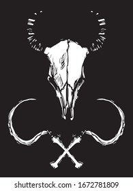 vector black and white illustration of bull's skull with two crossing sickles isolated at the black background. Witchcraft and occult symbols for tattoo, prints and stickers