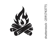 Vector black and white illustration of a burning fire with firewood. Firewood and bonfire icon isolated on white background.