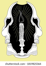 A vector black and white illustration of a burning wax candle within a split skull on a pale yellow background. 