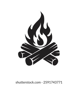 Vector black and white illustration of a burning fire with firewood. Firewood and bonfire icon isolated on white background.