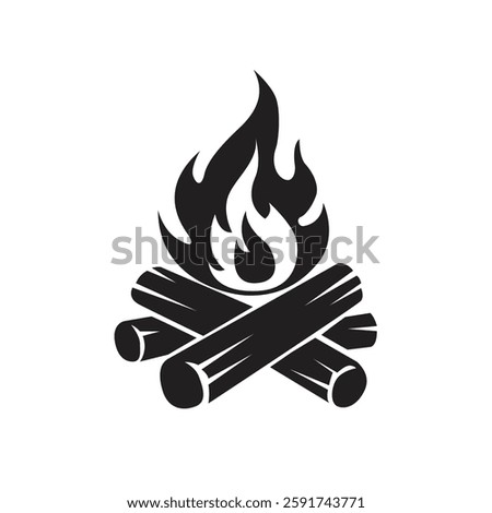 Vector black and white illustration of a burning fire with firewood. Firewood and bonfire icon isolated on white background.
