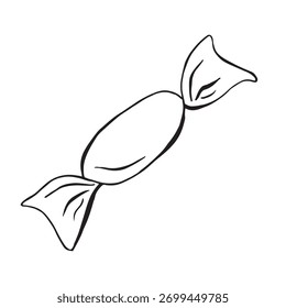 Vector black and white illustration of candy. The graphic is drawn by hand using ink. Suitable for design of Christmas, holiday cards, birthday decoration, invitations, packaging. 