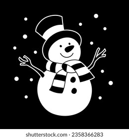 Vector black and white illustration. Vector card concept - Cute white snowman on black background.