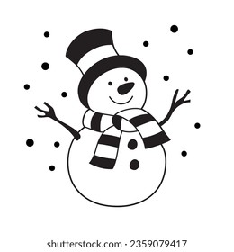 Vector black and white illustration. Vector card concept - Cute white snowman cut out on white background.