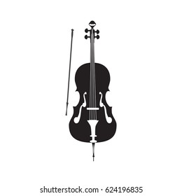 Vector black and white illustration of cello isolated on a white background. Flat style design.