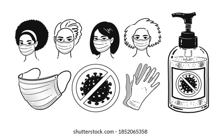 Vector black and white illustration collection of virus protection items and characters wearing masks isolated on white background.