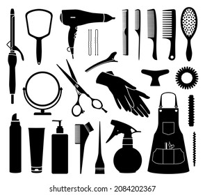 Vector black and white illustration collection of silhouettes of hairdressing accessories: hair dryer, curling iron, apron, combs, scissors, hairpins, mirror, brush, sprayer, gloves