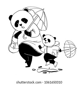 Vector black and white illustration for coloring book. Mother panda in a dress going for a walk with his little son panda, who is jumping in a puddle