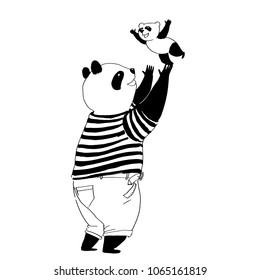 Vector black and white illustration for coloring book. Father panda in black and white t-shirt throwing up his little son panda on the air and laughing