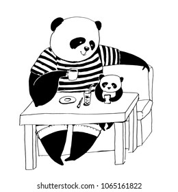 Vector black and white illustration for coloring book. Father panda in black and white t-shirt sitting in cafe and drinking coffee with his little son panda, who playing in smartphone