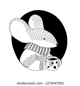 Vector black and white illustration for coloring book. Portrait of a mouse injacket and scarf, who holds the cap of hot drink, tea or coffee on black background