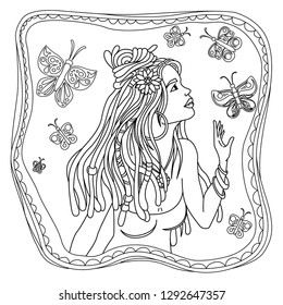 Vector black and white illustration for coloring. Coloring book antistress with the image of a girl with dreadlocks and butterflies.