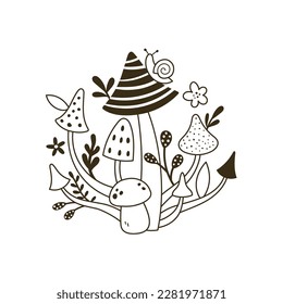 vector black and white illustration for a coloring page, cute mushrooms