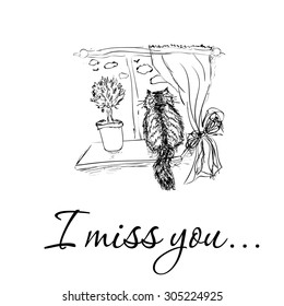 Vector black and white illustration of comic style. Cat sitting on the window sill. A card that said "I miss you". Hand-drawn illustration in the style of doodles. The cat looks out the window