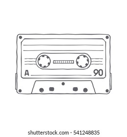 Vector black and white illustration compact tape cassettes. Web graphics, banners, advertisements, stickers, labels, business templates, t-shirt. Isolated on a white background