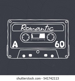 Vector black and white illustration compact tape cassettes. Web graphics, banners, advertisements, stickers, labels, business templates, t-shirt. Isolated on a black background