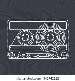 Vector black and white illustration compact tape cassettes. Web graphics, banners, advertisements, stickers, labels, business templates, t-shirt. Isolated on a black background