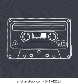 Vector black and white illustration compact tape cassettes. Web graphics, banners, advertisements, stickers, labels, business templates, t-shirt. Isolated on a black background