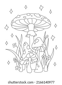 Ilustración vectorial en blanco y negro de los contornos para coloración de hongos, moscas agaric, hierba y flores