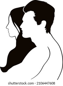 Vector Black And White Illustration Of A Couple. Man And Woman Hugging. Warm, Romantic Embrace. Valentine's Day Poster.