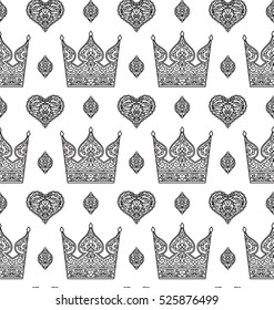 vector, black and white illustration, crown, heart, seamless pattern, doodle style