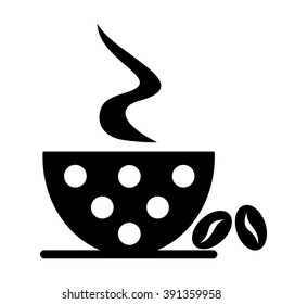 Vector black and white illustration of cup with coffee and grains, isolated on the white background. Series of Food and Drink Object, Icons and Illustrations.