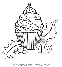 Vector black and white illustration with cupcake, leaves and lolly berries, meringue. Graphics are hand drawn. For packaging design, Christmas, holiday cards, children's gifts, invitations.