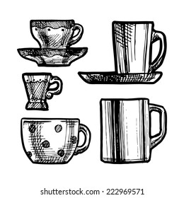 vector black and white illustration of cups stylized as engraving.