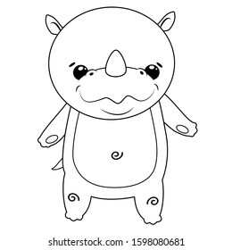 Vector black and white illustration of a cute little rhino in kawaii style. A childish character for kids coloring or training books.