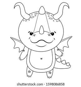 Vector black and white illustration of a cute little dragon in kawaii style. A childish character for kids coloring or training books and games.