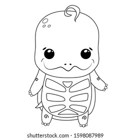 Vector black and white illustration of a cute little tortoise in kawaii style. A childish character for kids coloring or 
 training books and games.