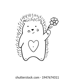 Vector black and white illustration of a cute hedgehog. Line art contour drawing. The hedgehog waves hello, holds a flower. Isolated on white background. 