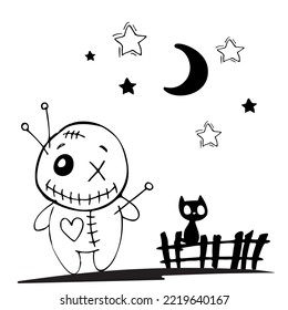 Vector black and white illustration with cute black cat, fence, moon, stars, and voodoo doll. Halloween holidays cartoon characters