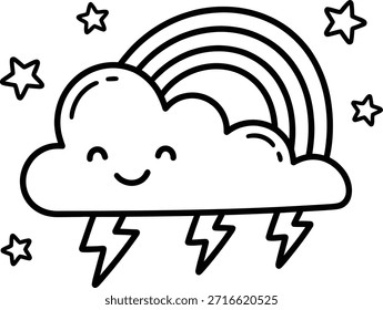 Vector black and white illustration of a cute happy cloud with a rainbow and lightning bolts. Perfect for kids coloring books, nursery prints, and educational weather worksheets.