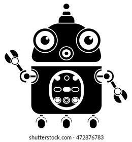 Vector black and white illustration of cute vintage robot, Silhouette icon of toy.