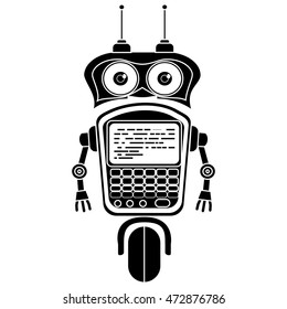 Vector black and white illustration of cute vintage robot, Silhouette icon of toy.