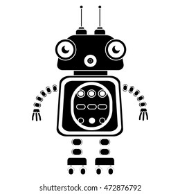 Vector black and white illustration of cute vintage robot, Silhouette icon of toy.