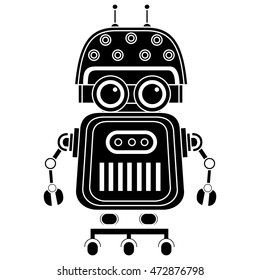 Vector black and white illustration of cute vintage robot, Silhouette icon of toy.