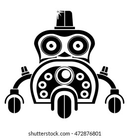 Vector black and white illustration of cute vintage robot, Silhouette icon of toy.