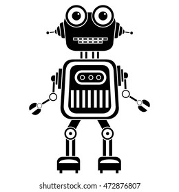 Vector black and white illustration of cute vintage robot, Silhouette icon of toy.