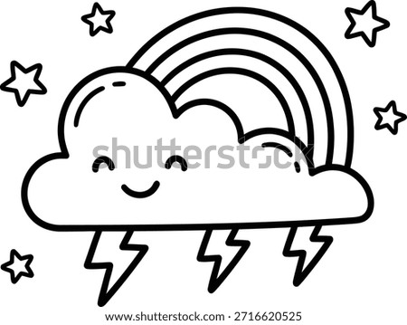 Vector black and white illustration of a cute happy cloud with a rainbow and lightning bolts. Perfect for kids coloring books, nursery prints, and educational weather worksheets.