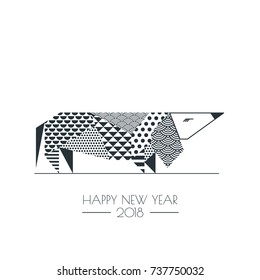 Vector black white illustration of dachshund dog with abstract geometric triangle texture. Creative New Year greeting card, poster, banner design elements. Chinese calendar decoration.