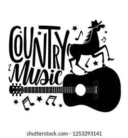 Vector black and white illustration with dancing horse in shoes on the guitar and lettering text - Country music. Funny typography poster with animal, musical instrument, stars and melogy symbols