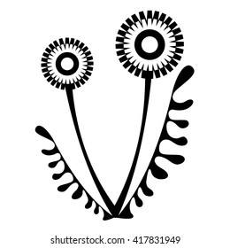 Vector black and white illustration of the dandelions and leaves isolated on the white background.