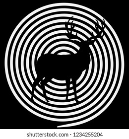 Vector black and white illustration of deer with crosshairs. Reindeer silhouette with big horns on hunting target aim background. Outdoor recreation template, hunt season concept, logo, sign, symbol