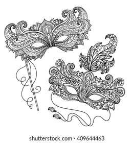 vector, black and white illustration, design element, outline, doodle, mask set, masquerade, holiday, coloring book pages, adult coloring book, Carnival