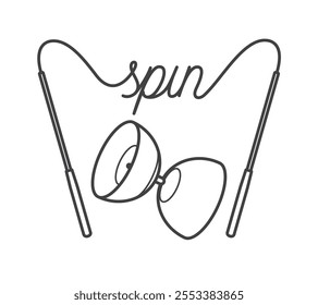 Vector black and white illustration of a diabolo with two sticks. The string creates the word SPIN. Isolated on white background