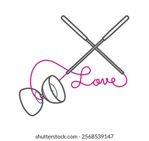 Vector black and white illustration of a diabolo with two sticks. The string creates the word Love. Isolated on white background