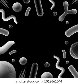 Vector black and white illustration of different bacteria with copyspace: spirochaetes, bacilli, diplococci, cocci, lactobacteria